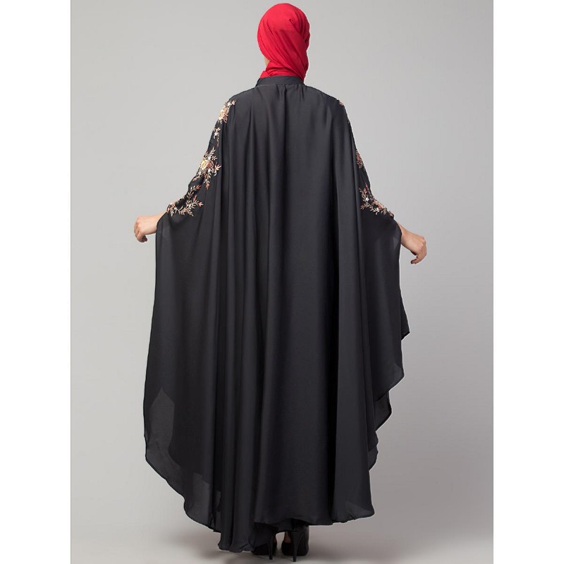 Muslimah Neck and Sleeve Embroidered Irani Kaftan Dark Grey